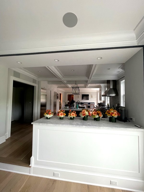 Open concept kitchen with painted walls and coffered ceiling