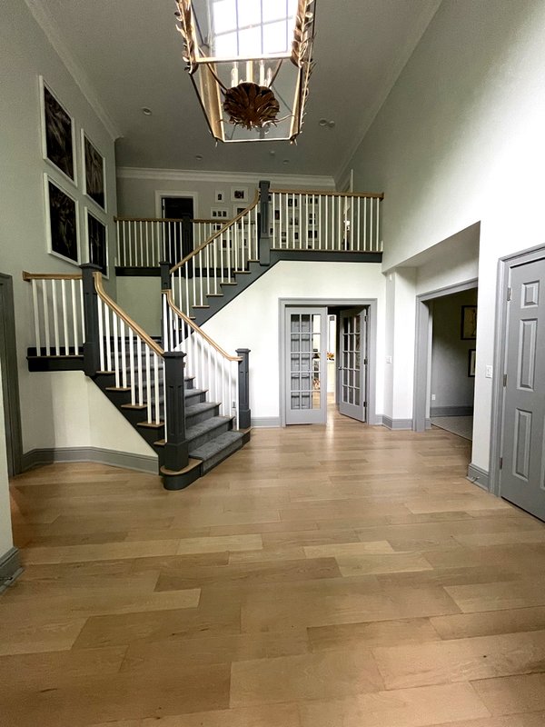 Multi-level entry foyer with painted walls, trim and stair risers