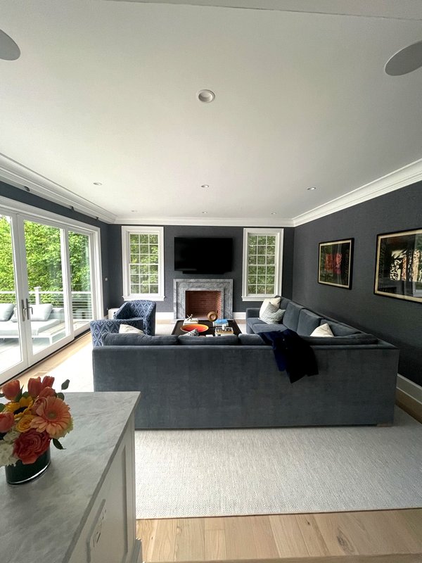 Spacious living area with deep accent walls and fireplace